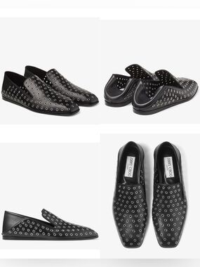 Jimmy Choo Eliot Slipper Black Metallic Nappa Leather Slippers with Eyelets
